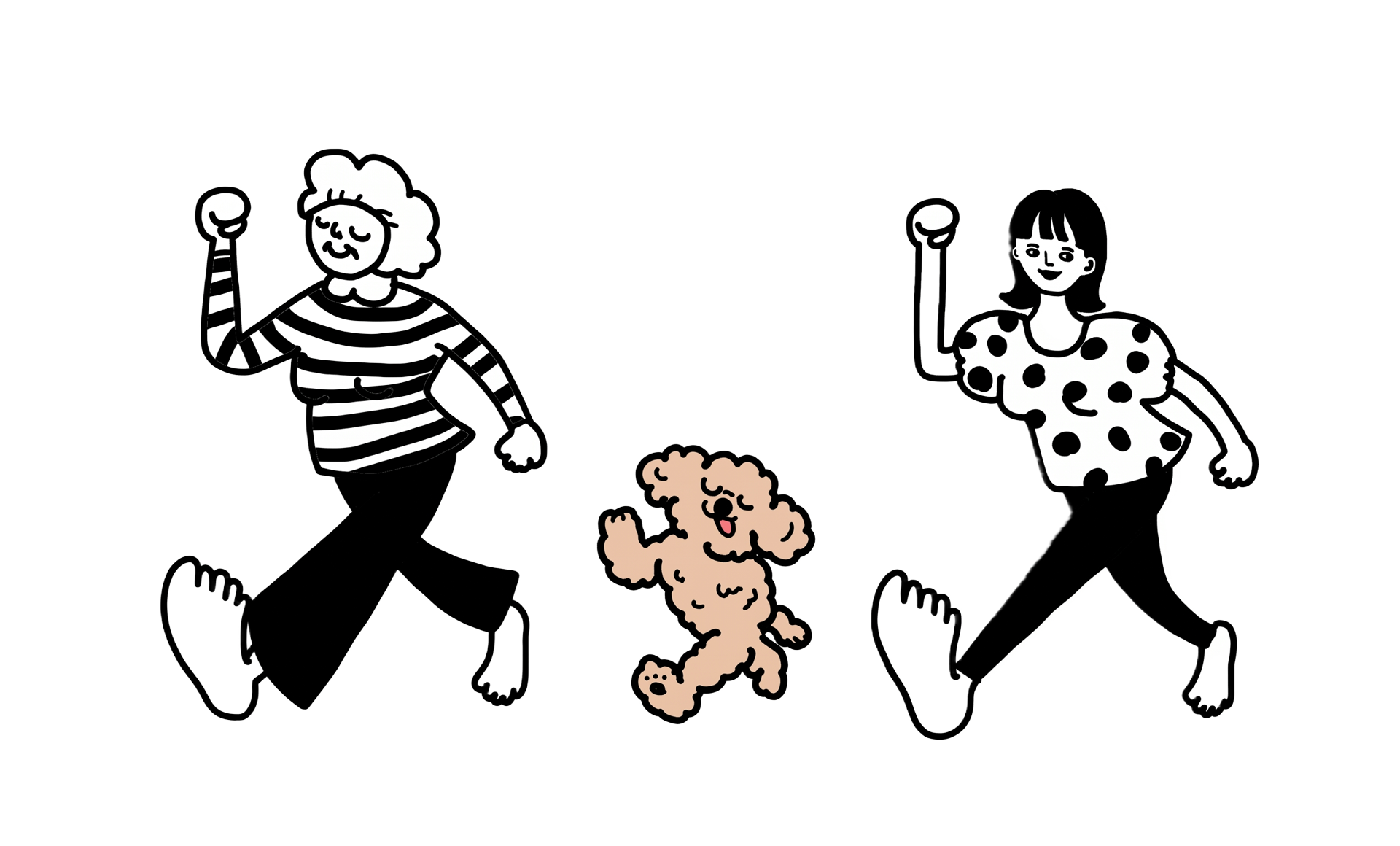 おばあちゃんと犬とママが仲よく踊るイラスト
